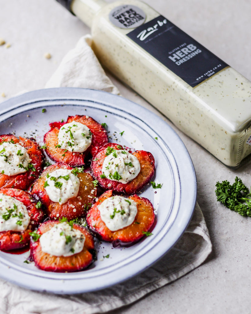 Roasted Plums with Whipped Feta & Herb Cream zarbonz